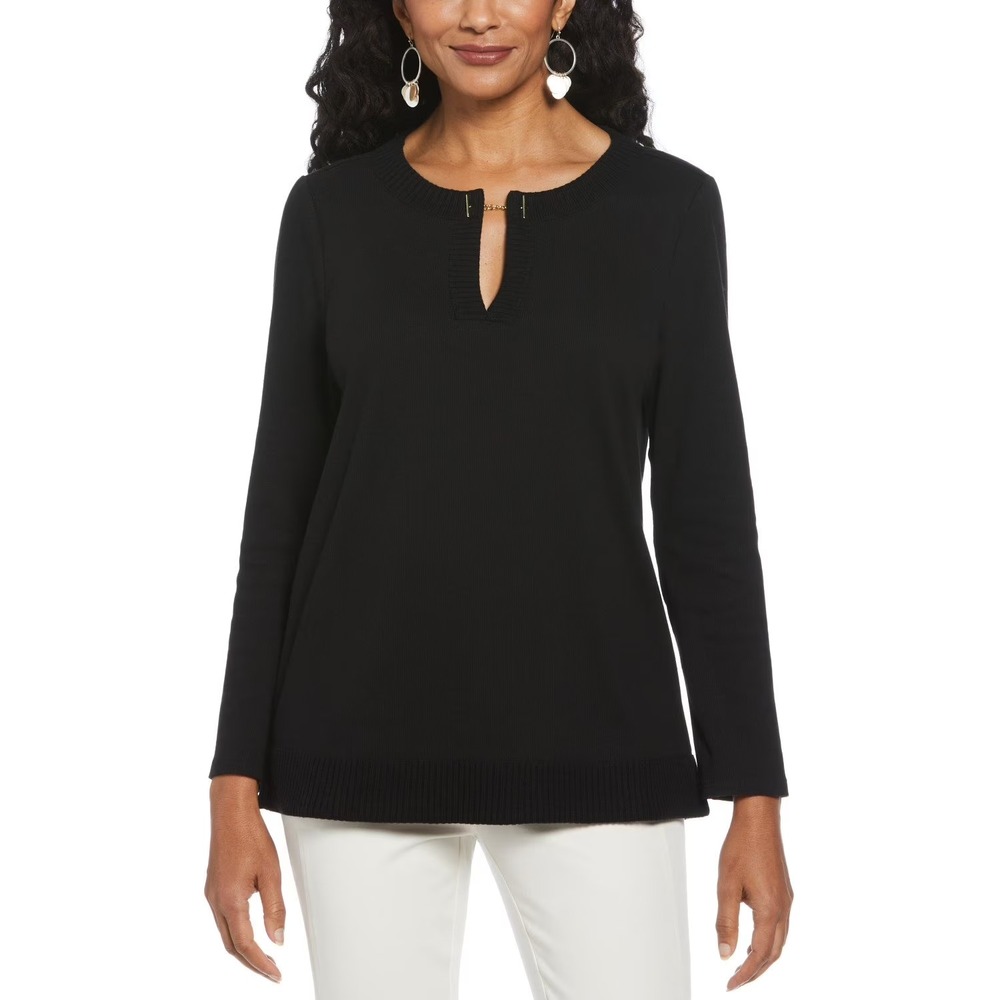 Rafaella Womens Long Sleeve V-Neck Chain Detail Top Black XS